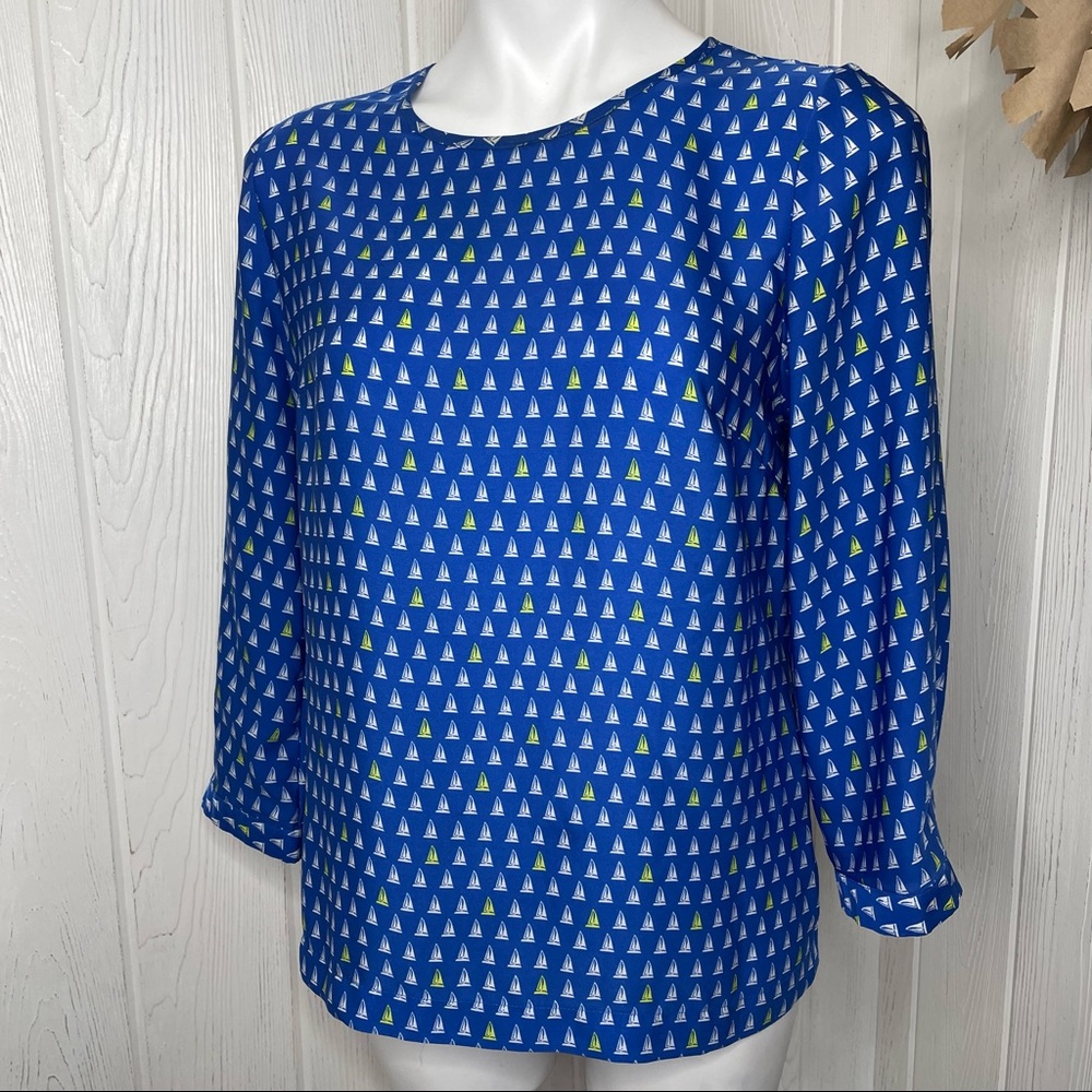 Merona Sailboat Print Blouse Blue Small 3/4 Sleeve Yellow White